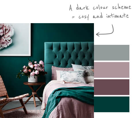 Bedroom with upholstered headboard and bed with comfy bedding, image on the left has darker colour scheme with dark teal, plum and grey, 